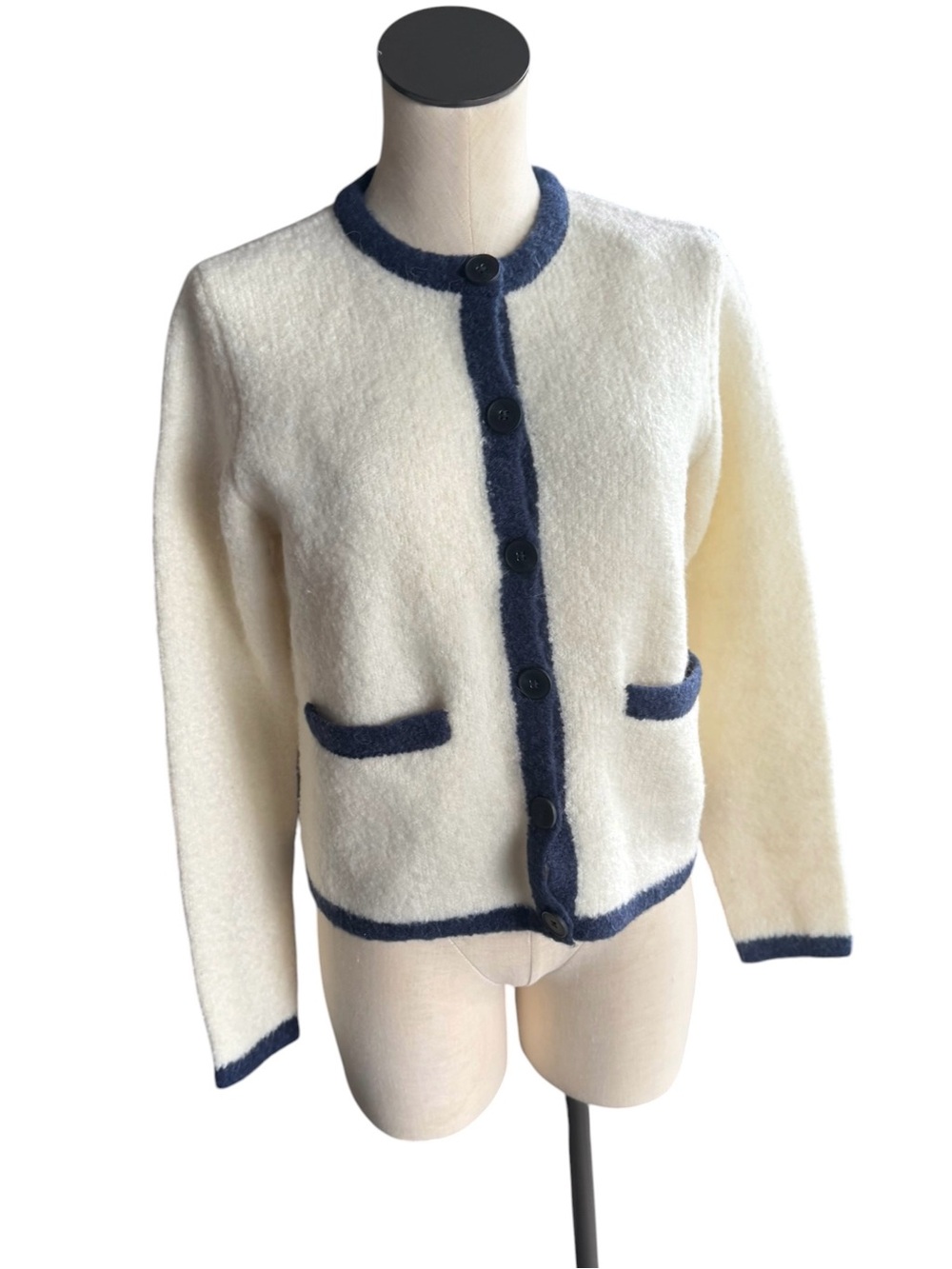 NWT Wool Boden Cream Crewneck Cardigan with Navy Trim